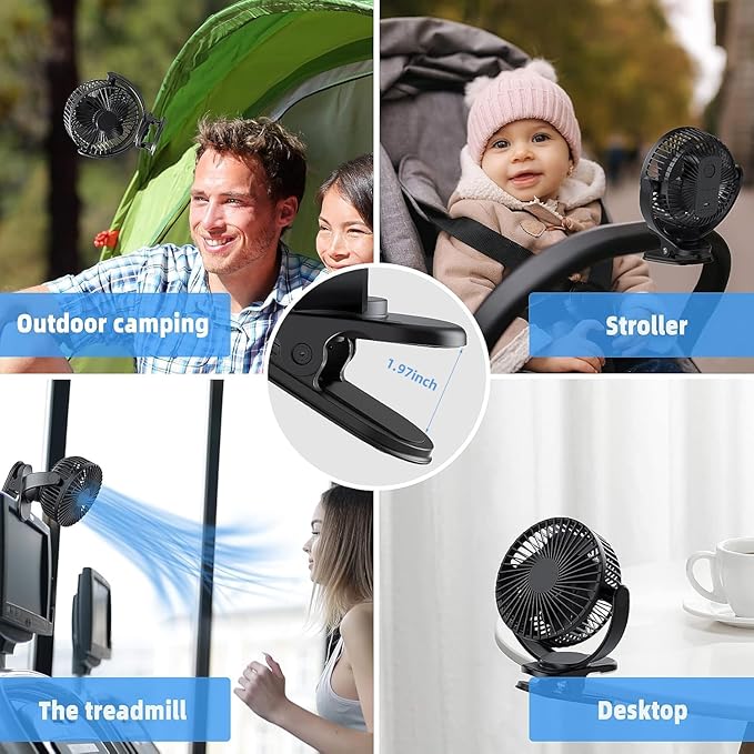ATEngeus Rechargeable Clip-on USB Desk Fan, 3 Speeds, 5000mAh Battery, 720Rotation, Sturdy Clamp for Home, Camping, Treadmill and Car