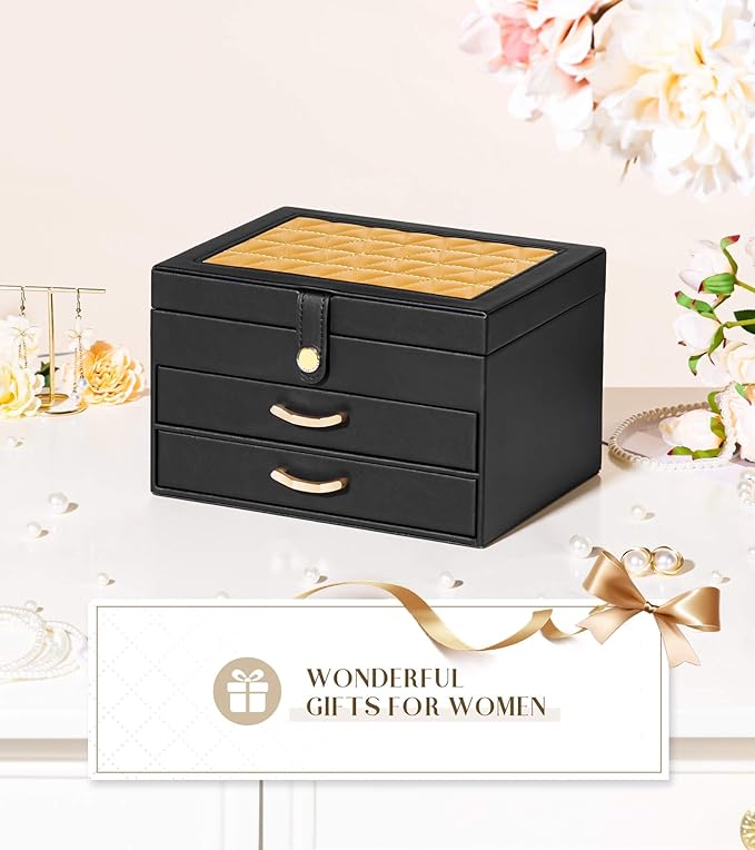 Black Jewelry Box Organizer: Home Decor for Women - 2-Drawer Holder for Valentine’s Day Birthday Christmas Black Gold