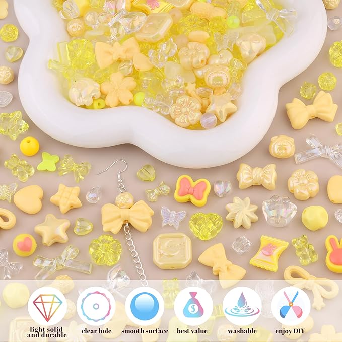 Assorted 170-230PCS Yellow Acrylic Beads for Bracelet Making, Flower Bow Butterfly Candy GummyBear Aesthetic Bracelet Charms,Cute Beads for Jewelry Making DIY Necklace Keychain Phone Charm