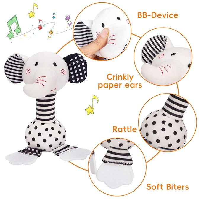 Black & White Elephant Baby Toys 0-12 Months - Plush Sensory Rattle with Teether, Wind Chime, BB Squeaker & Embroidery for Visual, Hearing & Cognitive Development