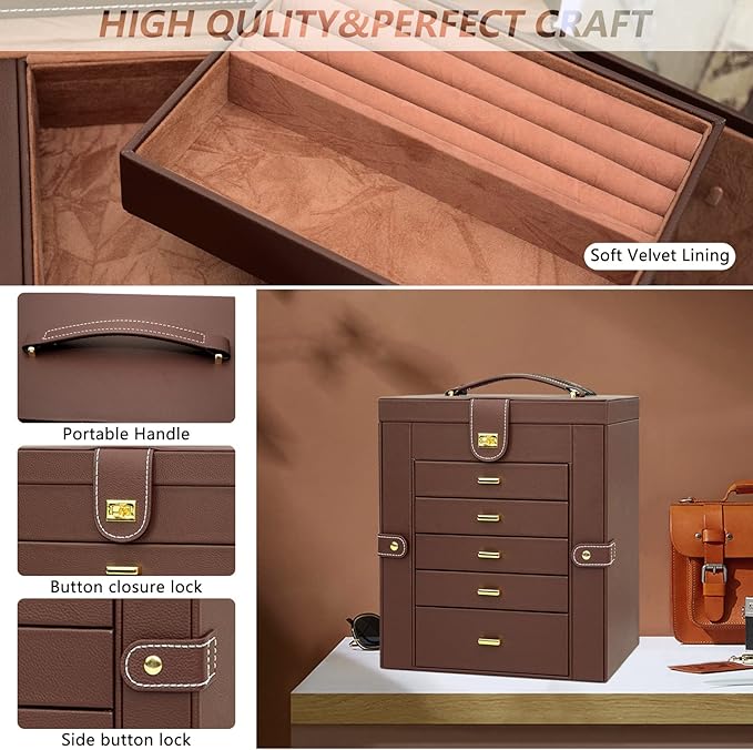 AKOZLIN Large 6-Tier Jewelry Box Organizer Functional Huge Lockable,5 Drawers Leather Jewelry Storage Case for Women Girls Ring Necklace Earring Bracelet Holder Organizer with Mirror Brown