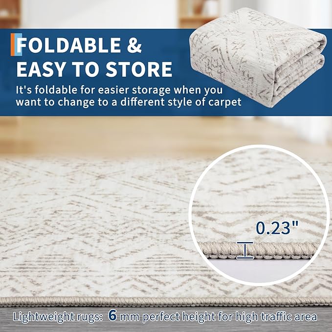 COZYLOOM Runner Rug 2x8 Living Room Washable Rugs Stain Resistant for Bedroom Soft Floor Carpet Non Slip Distressed Geometric Carpet for Dining Room Laundry Room Office, Ivory