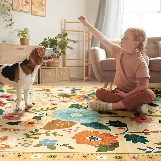 Floral 8ft Area Rug Machine Washable Soft Print Boho Carpet Non Slip Doormat Low Pile Flower Area Rugs for Living Room Bedroom Nursery Kitchen Dining Room Indoor-Ivory/Yellow