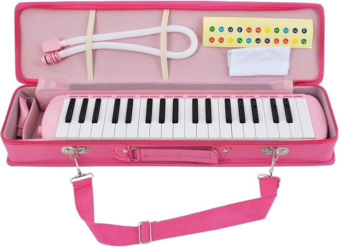 EastRock 37 Key Melodica Instrument Keyboard Soprano Piano Style with Mouthpiece Tube Sets and Carrying Bag for Kids Beginners Adults Gift Pink
