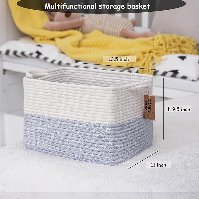 COMFY-HOMI 3PACK Cotton Rope Square Baske with Handles for Shelves|Dog Toy Baske Bin and Storage|Baby Baske for Gift|Shoe Baske for Organizing|13.5" x 11" x 9.5" for Living Room（White/Blue）