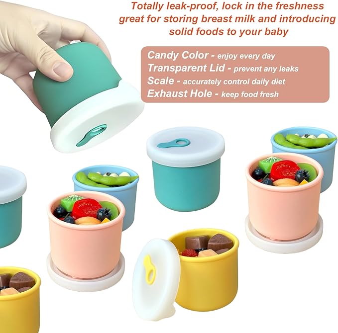 8.5 OZ Silicone Food Storage Containers, Baby Food Storage Jars with Airtight Lids and Snack Cup Lid, Freezer, Microwave and Dishwasher Safe, Reusable Snack Containers for Kids, Infant, Toddler, 4 Pcs