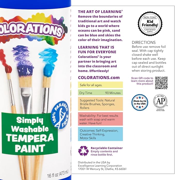Colorations - SWT16 Simply Washable Tempera Paints, 16 fl oz, Set of 11 Colors, Non Toxic, Vibrant, Bold, Kids Paint, Craft, Hobby, Arts & Crafts, Fun, Art Supplies