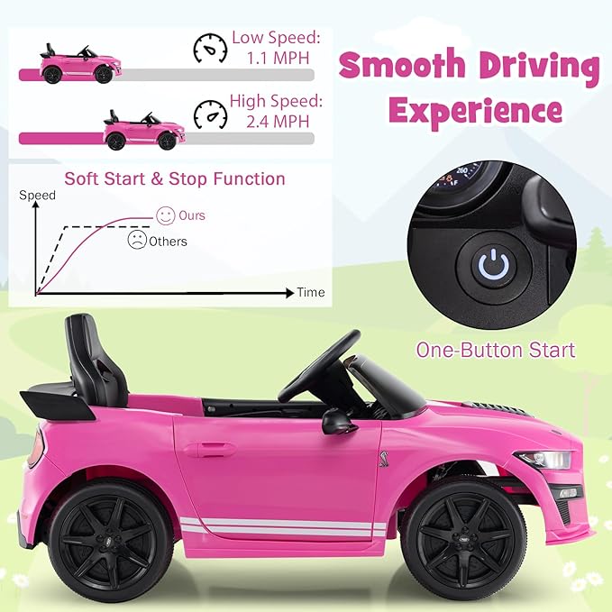Costzon Ride on Car, 12V Licensed Ford Mustang Shelby GT500 Kids' Electric Vehicles w/Remote Control, USB Port, Radio, Music, Player, High Low Speed & Soft Start, Racing Kids Car for Toddlers (Pink)