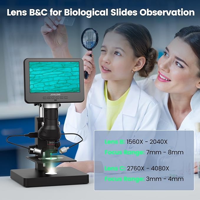 JL246PS 3 Lens 7'' HDMI Digital Microscope 4000X, Biological Microscope for Adults Kids with Prepared Slides, UHD 2160P Video, Full Coin Microscope for Error Coins, Windows Compatible, 32GB