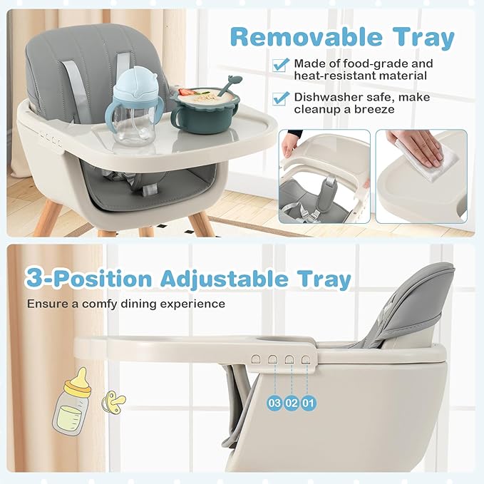 HONEY JOY High Chair, 3-in-1 Eat & Grow Wooden Highchair/Toddler Chair with Removable Tray, 5-Point Harness, PU Cushion and Footrest for Baby, High Chair for Babies and Toddlers(Gray)