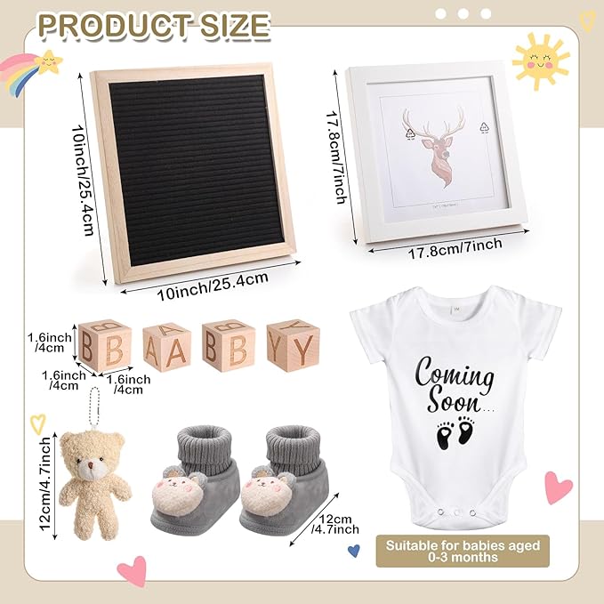 9 Pcs Pregnancy Announcement Set Pregnancy Reveal Ideas Felt Letter Board Baby Bodysuit Booties Photo Frame Bear Plush Wood Blocks for Coming Soon Baby Announcement(Black)