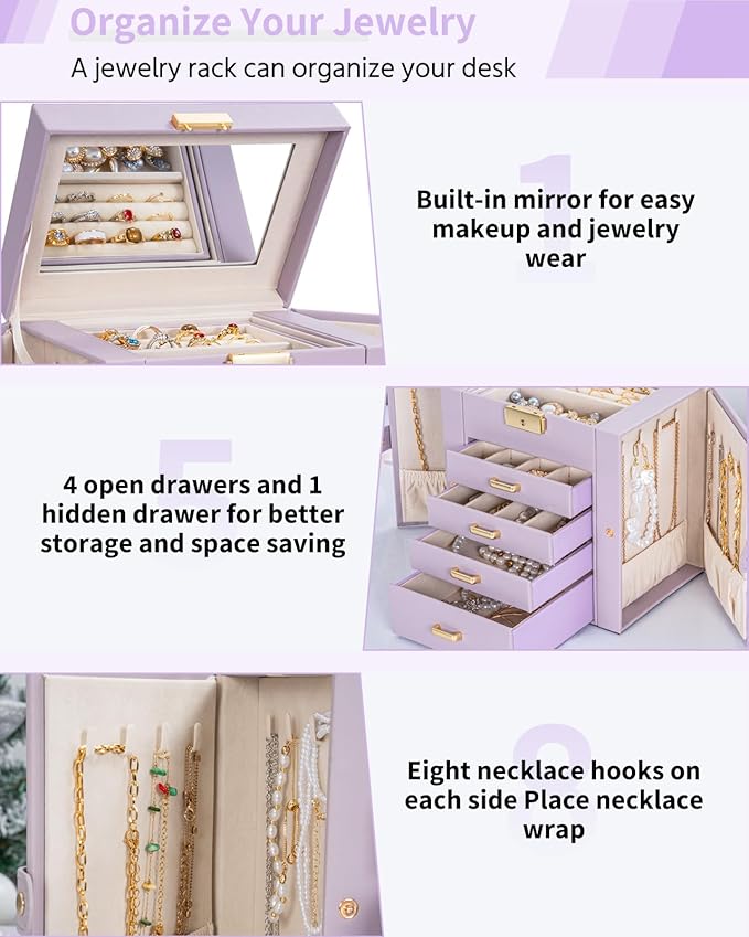 AKOZLIN 5-Tier Jewelry Box Leather Jewelry Storage Organizer with 4 Drawers Lockable for Women Girls Ring Necklace Earring Bracelet Watches Holder with Mirror Purple