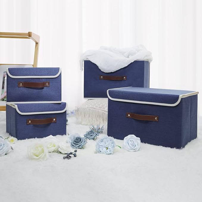 ANMINY 2PCS Storage Bins with Lid PU Leather Handles Storage Boxes PP Plastic Board Decorative Foldable Lidded Cotton Linen Fabric Home Cubes Baskets Closet Organizer Containers - Blue, Large Size