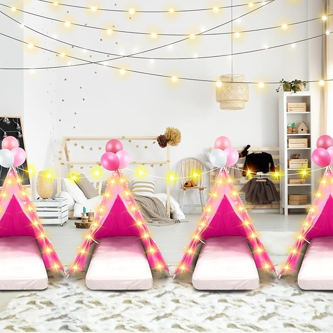 6 Pack Sleepovers Teepee Tent for Kids Bulk with Mattress Sheet Light,Natural Cotton Washable Indoor Play Tent for Birthday Slumber Party Girls Boys Pajama Movie Night Supplies(Rose Red)