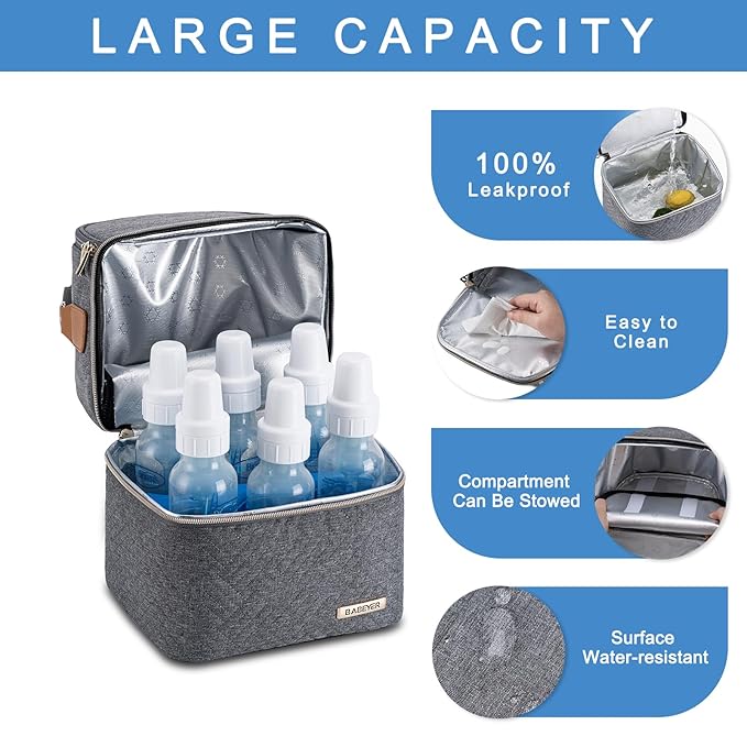 Breastmilk Cooler Bag with Ice Pack Fits 6 Baby Bottles up to 9 Ounce, Breast Milk Pump Cooler Bag with Shoulder Strap for Nursing Mom Daycare, Work, Travel- Dark Grey