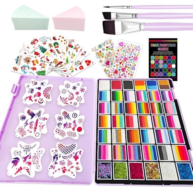 Face Body Paint Kit for Kids & Adults - 36 Vibrant Rainbow Colors,6 Glitter Gels,with Stencils,Brushes,Tattoos.Ideal for Halloween,Christmas, Birthday Parties,Cosplay (Rainbow Sparkle Set)