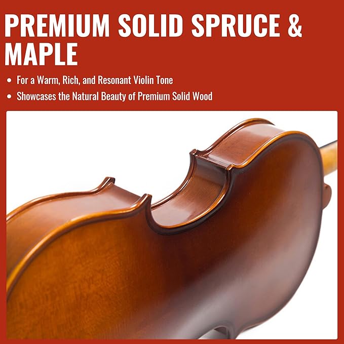 4/4 Full Size Violin for Adults - Solid Wood, Spruce Top, Maple Back, Pro Brazilwood Bow, Hard Case, Shoulder Rest, Electronic Tuner, Extra Strings & Rosin (MVA-800)