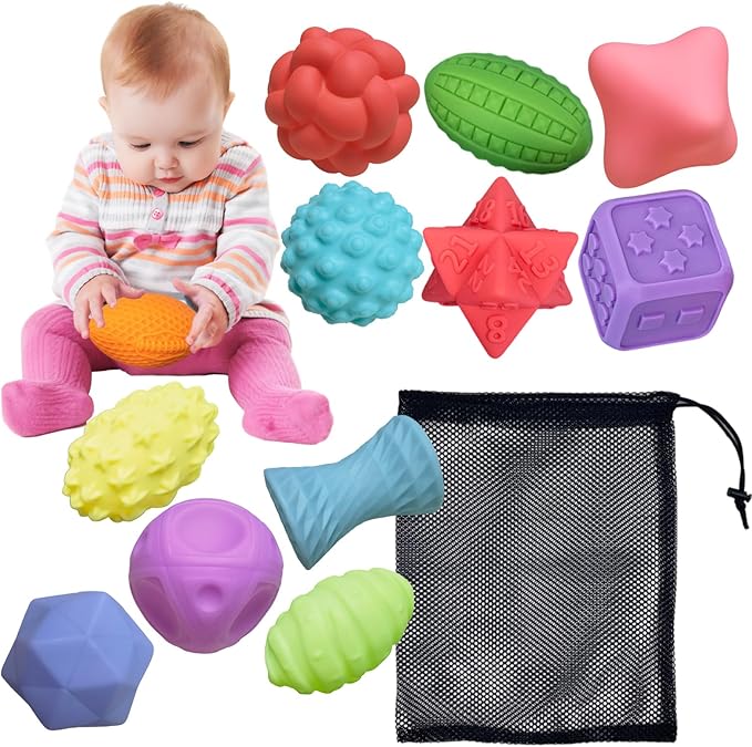 12P Sensory Balls for Toddlers 1-3,Balls for Baby Toys 6-12 Months,Bright Color Textured Multi Soft,Baby Massage Toy,Birthdays, Includes Storage Bag