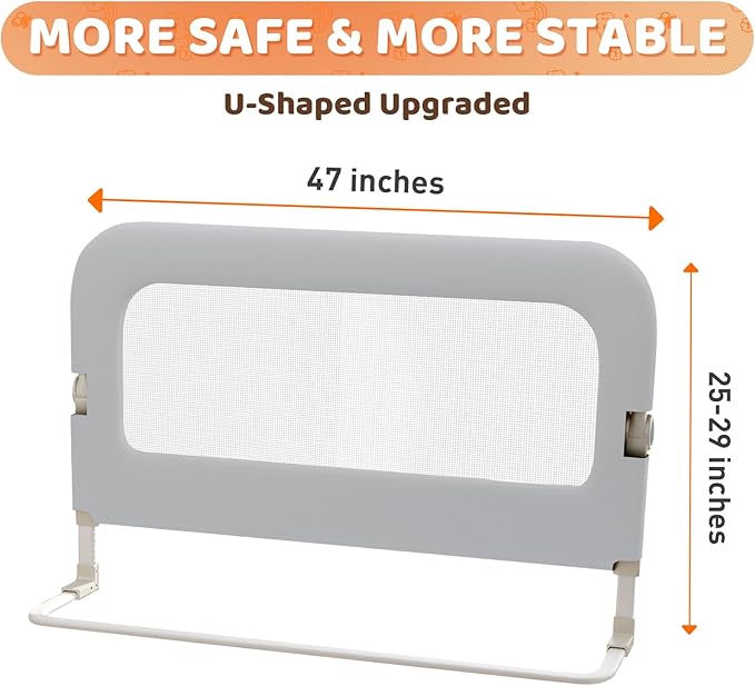 Bed Guard Rail for Toddlers - 47inch Foldable & Adjustable Height Baby Bed Safety Side Rails - Large Toddler Crib Railing Guard for Twin, Bunk, Full Size, Queen & King, Full Size Bed Grey