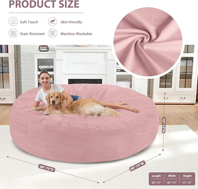 7FT Bean Bag Chair, Large Bean Bag Chairs with Memory Foam Filled, Fluffy Beanbag Sofa with Dutch Velvet Cover, Round BeanBag Chairs for Living Room, Playroom - Light Pink