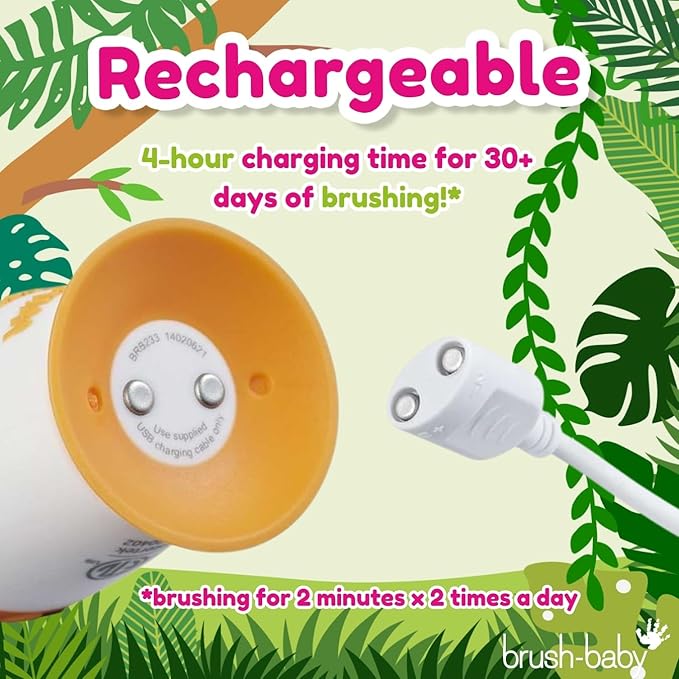 brush-baby WildOnes™ Rechargeable Kids Electric Toothbrush – Monkey | Flashing Lights, 2-Min Timer, Waterproof, 3 Brush Heads | Toddler & Child Toothbrush Ages 0-10 | Soft Bristles