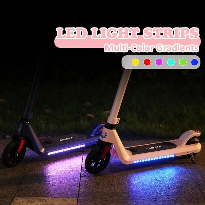 Caroma Electric Scooter for Kids Ages 6-12,150W/180WMotor,10 MPH Max Speed & 7 Miles,Colorful Lights,Adjustable Height & Speed,LED Display,Foldable Kids Electric Scooter 132 Lbs Max Load,Idea Gift