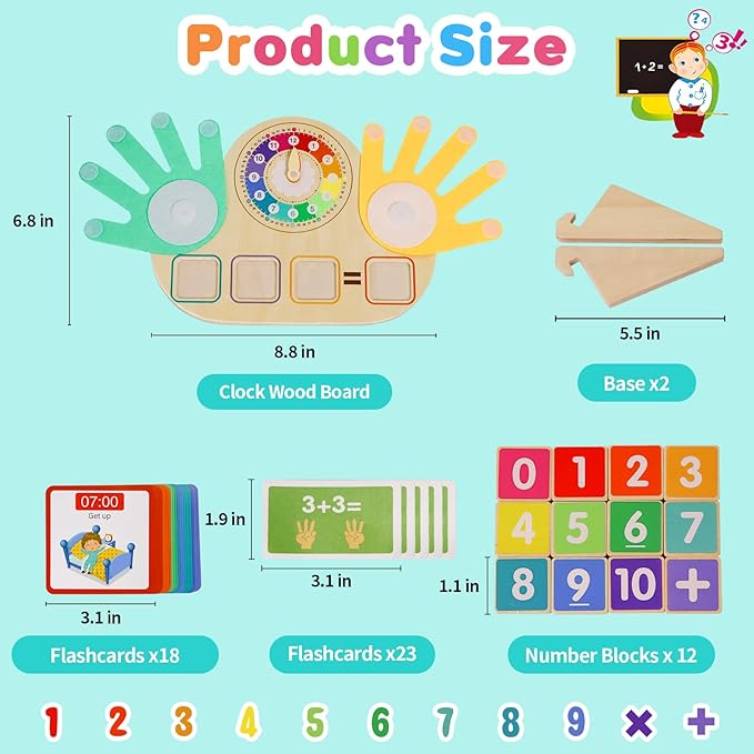Montessori Learning Toys for Toddlers 3 4 5 years, Finger Counting Number Blocks and Clock Wooden Toys for Kids, Educational Math manipulatives Toys, Preschool Wood Homeschool Educational Math Toy.