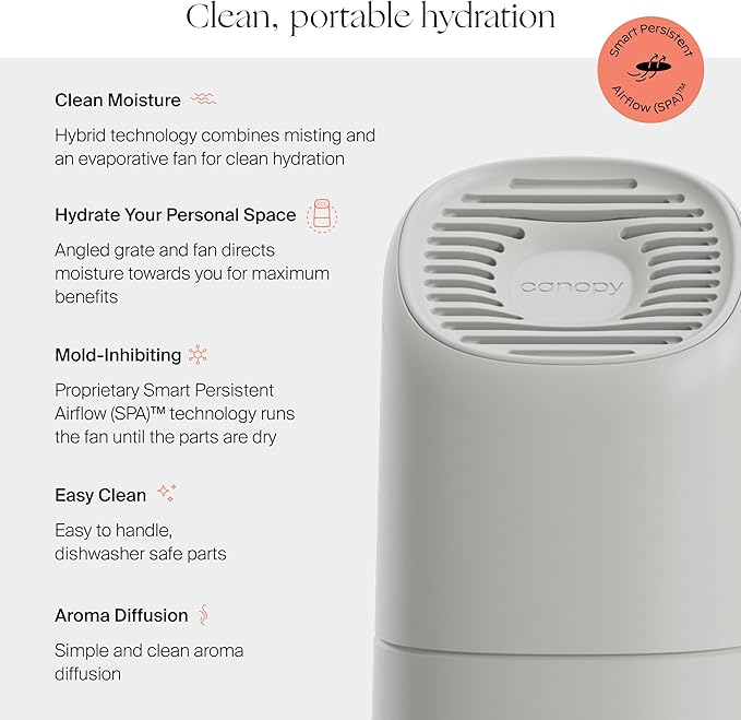 Canopy Portable Misting Humidifier - Cordless 11 HR Run Time, 500 mL, TSA Approved Travel Humidifier - Alleviate Symptoms of Allergies, Flu, Cold, Dry Skin - Includes Aroma & Adapter - Moonstruck