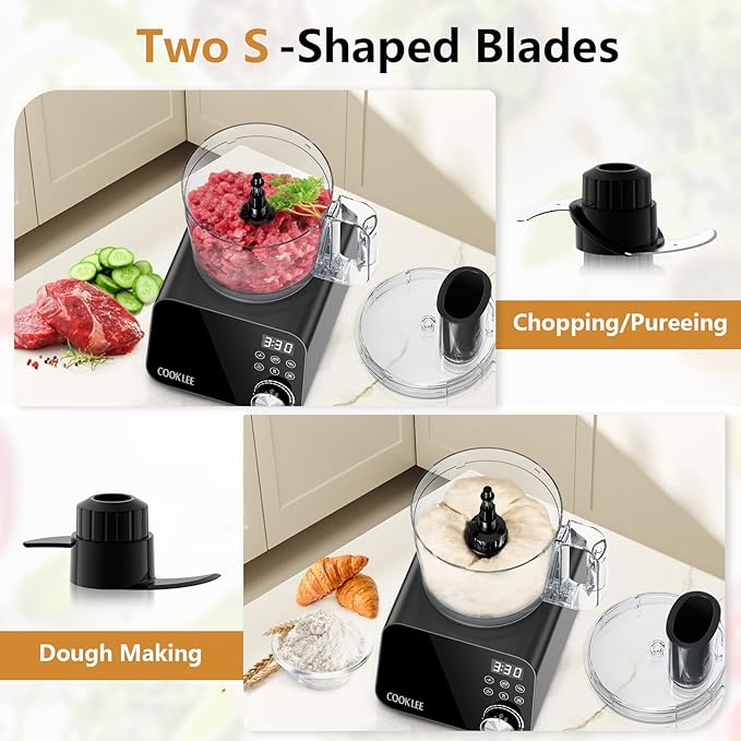 COOKLEE Food Processor, 600 Watts, 6 Functions Electric Food Chopper for Chopping, Mincing, Dicing, Shredding, Slicing, Purees & Dough with 12cup Processor Bowl, Food Chute & Pusher, Black