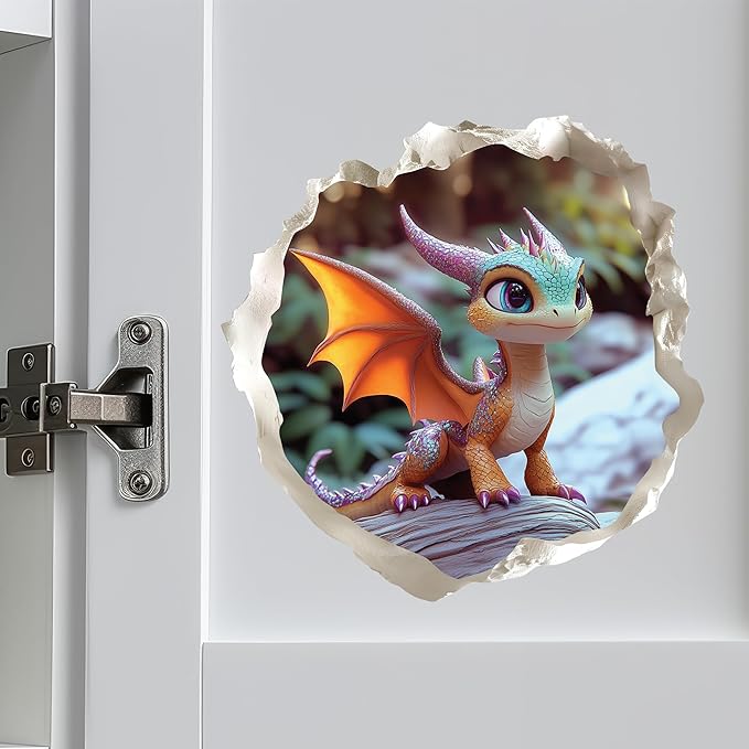Baby Dragon 3D Wall Decal – Cute Fantasy Sticker with Torn Wall Effect – 4.7W x 4.5H inches