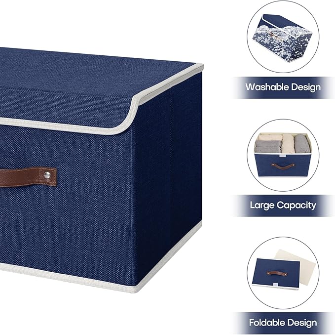 ANMINY 4PCS Storage Bins with Lid PU Leather Handles Storage Boxes PP Plastic Board Decorative Foldable Lidded Cotton Linen Fabric Home Cubes Baskets Closet Organizer Containers - Blue, Large Size