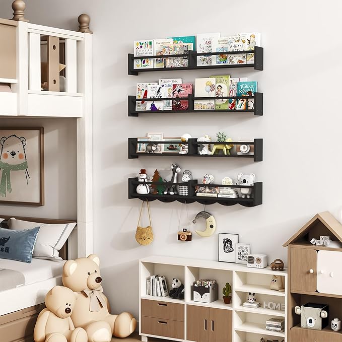 34Inch Nursery Bookshelves,Set of 4,Wall Floating Shelf Kids Coat Rack with 6Hooks,Hanging Book Shelf for Baby Nursery Room Décor ，Patent Number: 29958098(Black, 34)