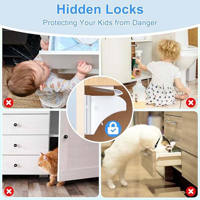 Child Safety Magnetic Cabinet Locks 4 Pack+ Key-AOSITE Baby Proofing Magnetic Drawer Locks for Kitchen with Adhesive No Drilling or Screws Fixed, Baby Safety Cabinet Locks