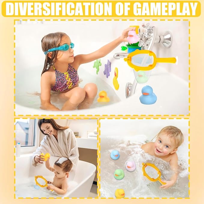 6Pcs Mold-Free Bath Toy Silicone Duck Set for Toddlers 1-3 Years and Babies 6-12 Months, Dishwasher Safe, with Duck Fishing Net and Storage Bag