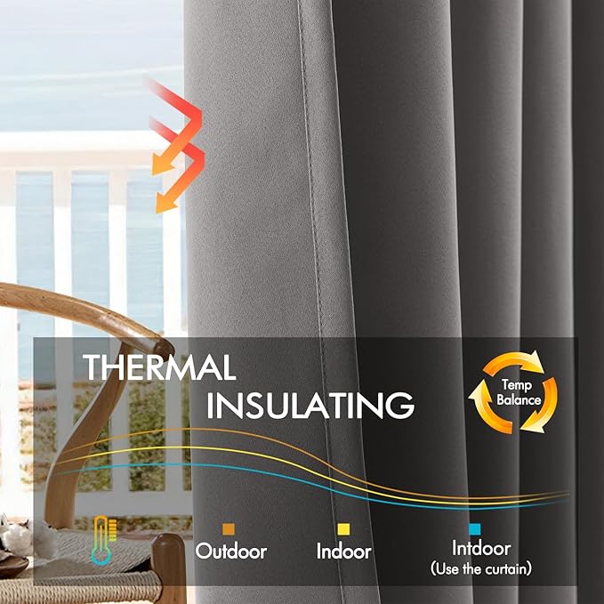 ANRODUO Back Tab Blackout Curtains for Bedroom Living Room, Rod Pocket Pinch Pleated Thermal Insulated Room Darkening Curtains 120 Inches Long 2 Panels, Grey, 52 x 120 Inch