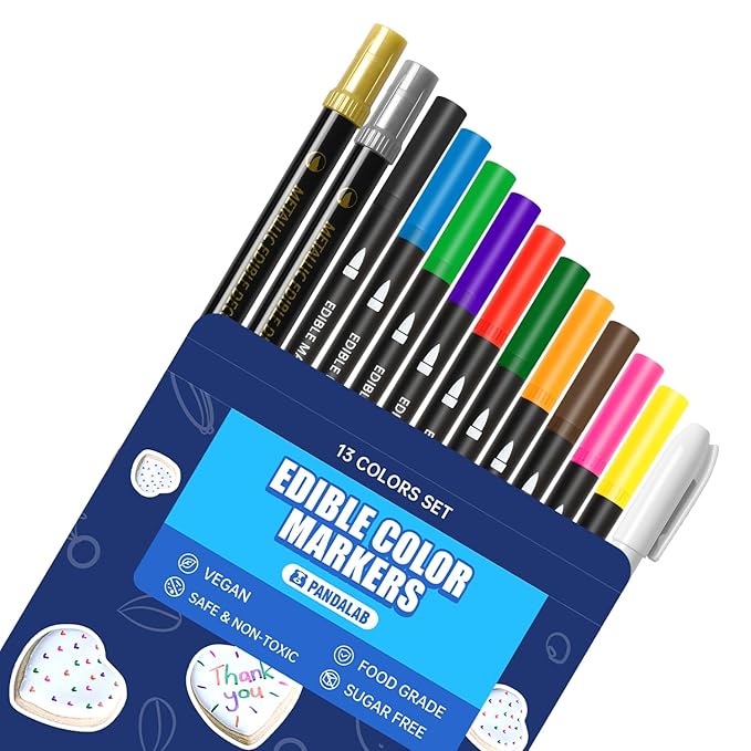 Edible Markers, Colorful Metallic Gold Food Coloring Pens, 13 pcs Writer with Brush Tip for Decorating Cookies, Fondant, Gum paste, Icing, Macarons, DIY Easter Eggs, Marshmallows, Fruits.