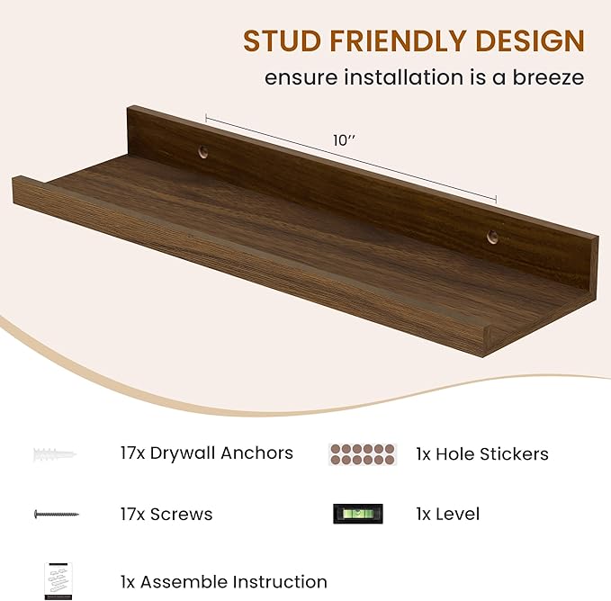 Axeman Picture Ledge Shelf, Floating Shelves for Wall Decor Storage Set of 6, 16 inch Floating Wall Mounted Shelves, Wall Shelves with Lip for Living Room, Bedroom, Nursery, Bathroom, Kitchen, Walnut