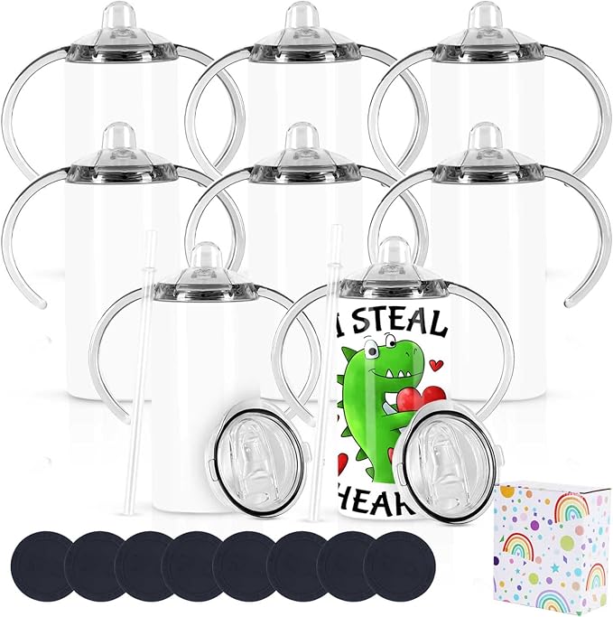 12 Oz Sippy Cup Tumblers 8 Pack With Handle, Straight Sublimation Blanks Kids Tumbler, Stainless Steel Sublimation Todder Water Bottle
