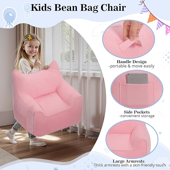 HOMMPA Kids Bean Bag Chair Stuffed Toddler Bean Bag Sofa with Pocket Filler Bean Bag Chair for Kids Boys and Girls Baby Lazy Floor Sofa Chair for Gaming Reading Playing Pink