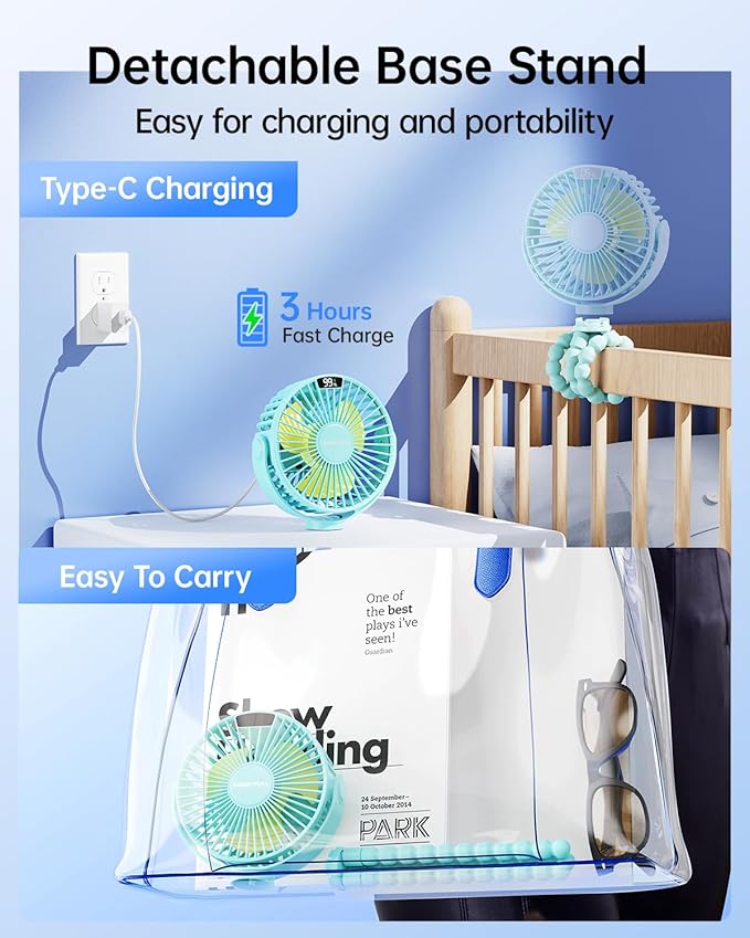SWEETFULL Portable Stroller Fan with Display 4000mAh Battery Powered Mini Clip On Fan, 4-Speed Rechargeable Small Personal Cooling for Baby Car Seat Crib Travel - Cyan