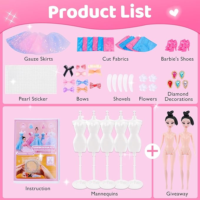 AHCo. Fashion Designer Kit with 5 Mannequins & 2 Extra Poseable Dolls, Sewing & Arts Crafts Kit for Girls Ages 5 6 7 8-12, Creative Birthday Gift for Kids