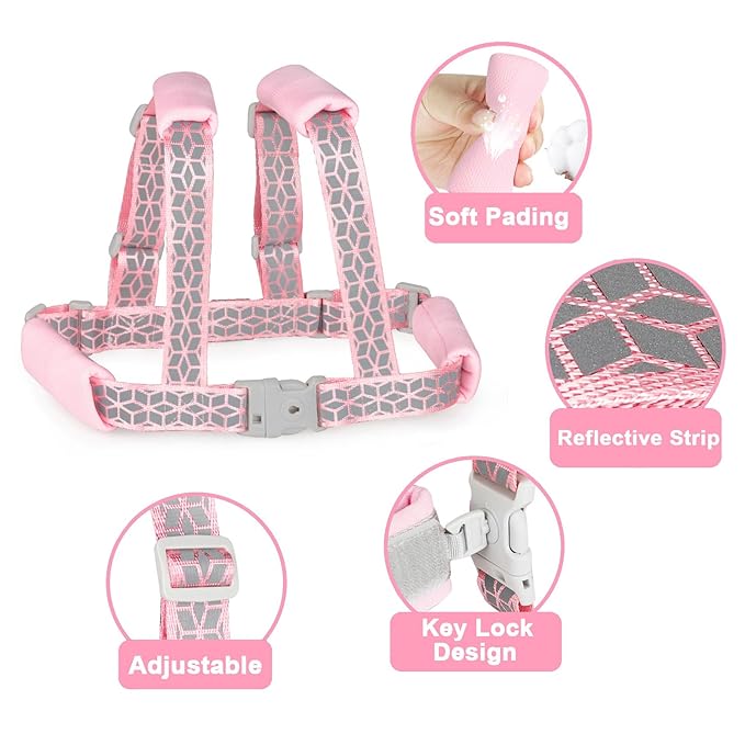 Accmor Toddler Harness Leash, Reflective Kids Leashes with Anti Lost Wrist Link, 3 in 1 Child Harnesses with Key Lock Design for Girls, Baby Walking Wristband Rope Protection Belt Tether.
