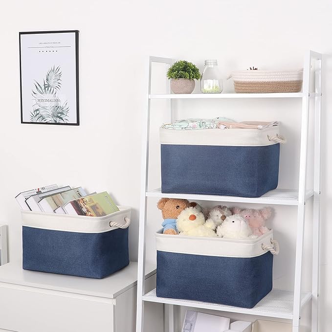 Bidtakay Storage Baskets Collapsible [3-Pack] Decorative Storage Bins with Cotton Rope Handles 15 X 11 X 9.5 Inch Organizing Baskets for Shelves Clothes Closet Navy Blue Baskets for Gifts Empty