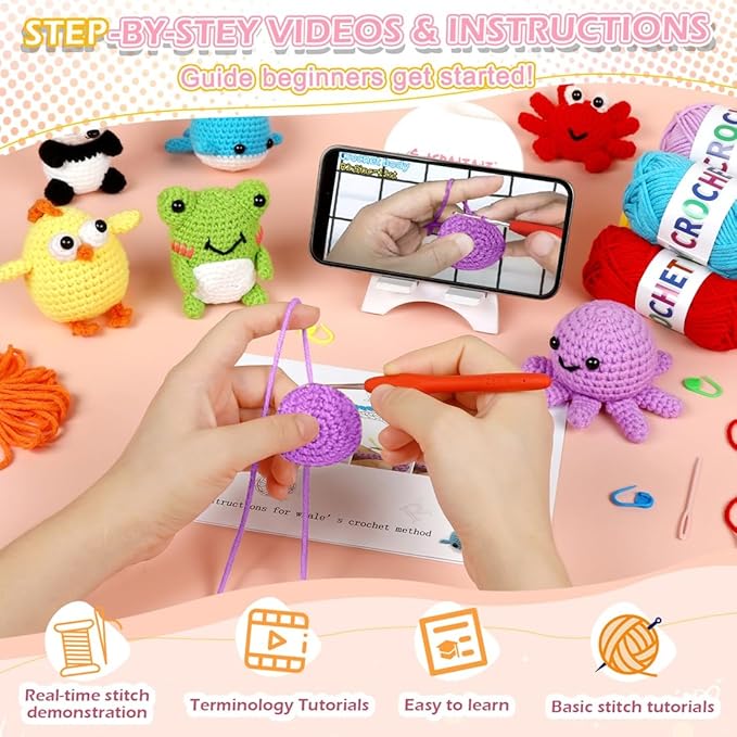 6 PCS Crochet Animal Kit –2026 DIY Amigurumi Crochet Kit for Beginners, Knitting Crochet Kit For Kids Adults , Knitting Kit with detailed videos tutorials, Yarn, Hook, Best Gift For Crochet Lovers