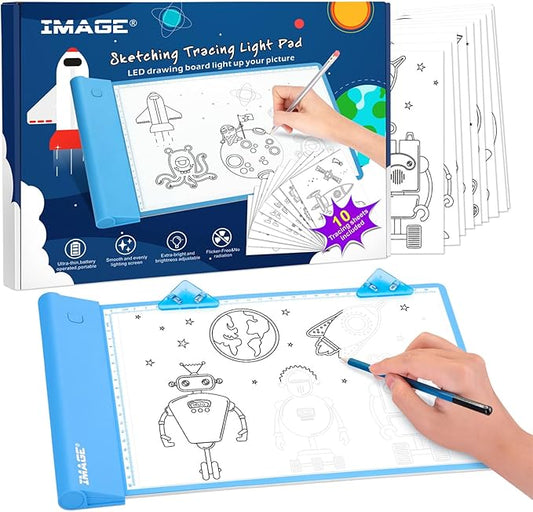 IMAGE Light Up Tracing Pad Blue Drawing Tablet Coloring Board for Kids Children Gift for Boys Girls (Includes 10 Traceable Sheets and Two Clips)