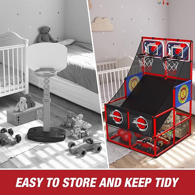 2 in 1 Dual Shot Basketball Arcade Game with 2 Dart Boards/Electronic Scoreboard/LED Light, Kids Basketball Hoop for Home Indoor Outdoor, Sport Toys Gifts for Boys Girls