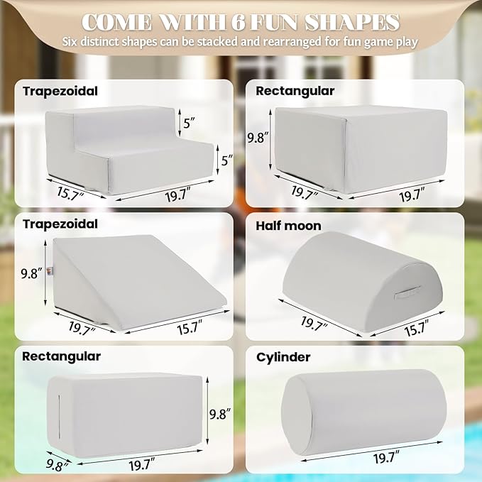 jela Foam Blocks 6Pcs Soft Play Equipment Waterproof Fabric, UV Resistant Toddler Climbing Toys Indoor& Outdoor Soft Play Climbing for Toddlers, Lightweight Climbing Blocks for Babies, Kids (Sand)