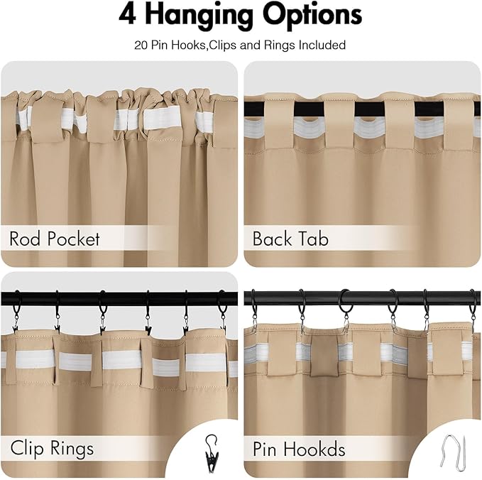 ANRODUO Back Tab Blackout Curtains for Bedroom Living Room, Rod Pocket Pinch Pleated Thermal Insulated Room Darkening Curtains 63 Inches Long 2 Panels, Beige, 42 x 63 Inch