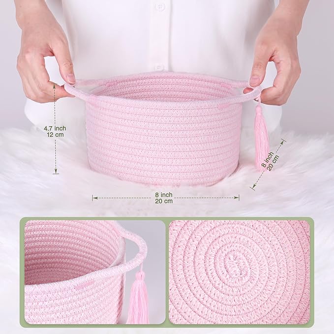 Empty Gift Basket – SweetMemo Mini Woven Rope Organizer Baskets for Gifting, Baby Shower, Desk, Makeup Brushes, Bathroom, Shelves – Small Decorative Storage Bin with Gift Bag & Ribbon – Blush Pink