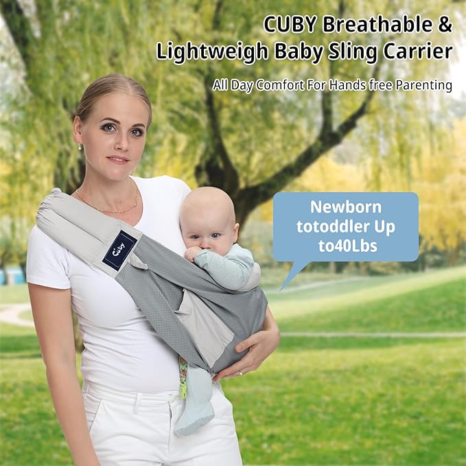 CUBY Mesh Baby Sling Carrier, Breathable Lightweight Baby Wraps Sling with Adjustable Strap- Easy to Wearing Soft Front Facing Baby Slings for Newborn Infant Toddler Carry Up to 40lbs(Gray Mesh)